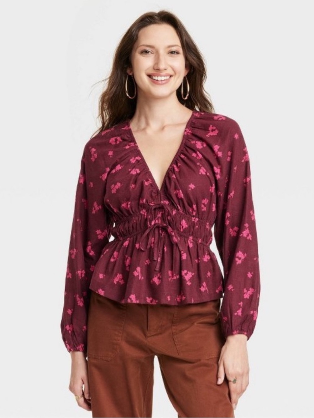 Universal Thread XS Burgundy Pink Floral Peplum Blouse Long Sleeve Boho Top